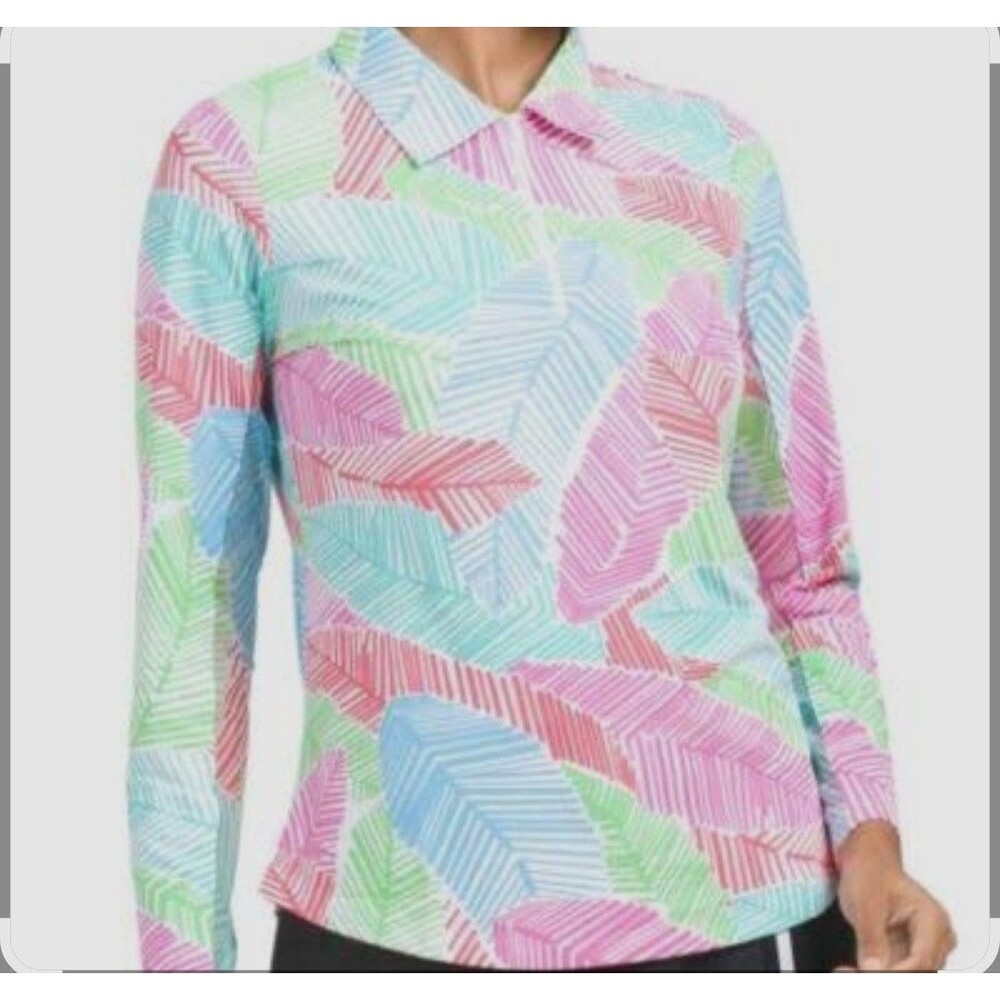 IBKUL Marley Print 1/4 Zip Pullover Women's XL Pink Green Mesh Long Sleeves Golf